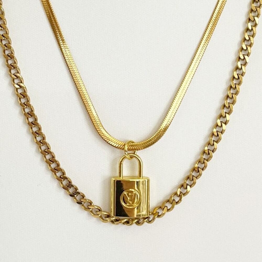 LV Charms Pulls on Gold Tone Double Stainless Steel Necklace Handmade